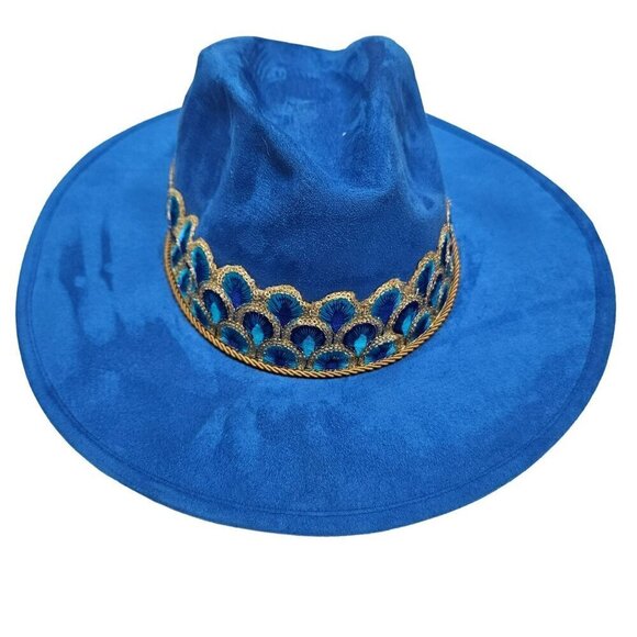 Peacock‎ Royal Blue Velvet Cowboy Wide Brim Hat Tassel Embroidered Ribbon Band M - Picture 1 of 16
